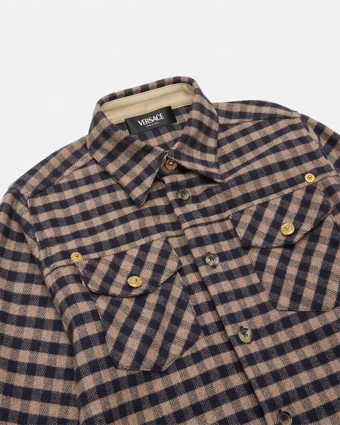 Versace Shirts Kids Checked Flannel Overshirt Brown