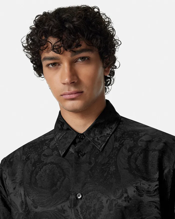Versace Shirts Men Barocco Jacquard SilkBlend Shirt Black