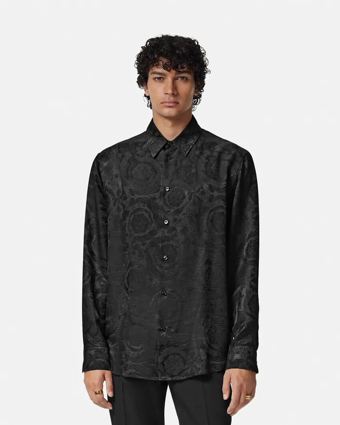 Versace Shirts Men Barocco Jacquard SilkBlend Shirt Black
