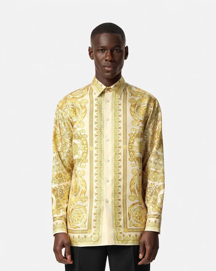 Versace Shirts Men Barocco Silk Shirt Yellowprint
