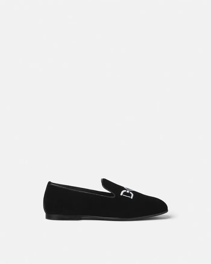 Versace Shoes Kids Embroidered Velvet Slippers Black