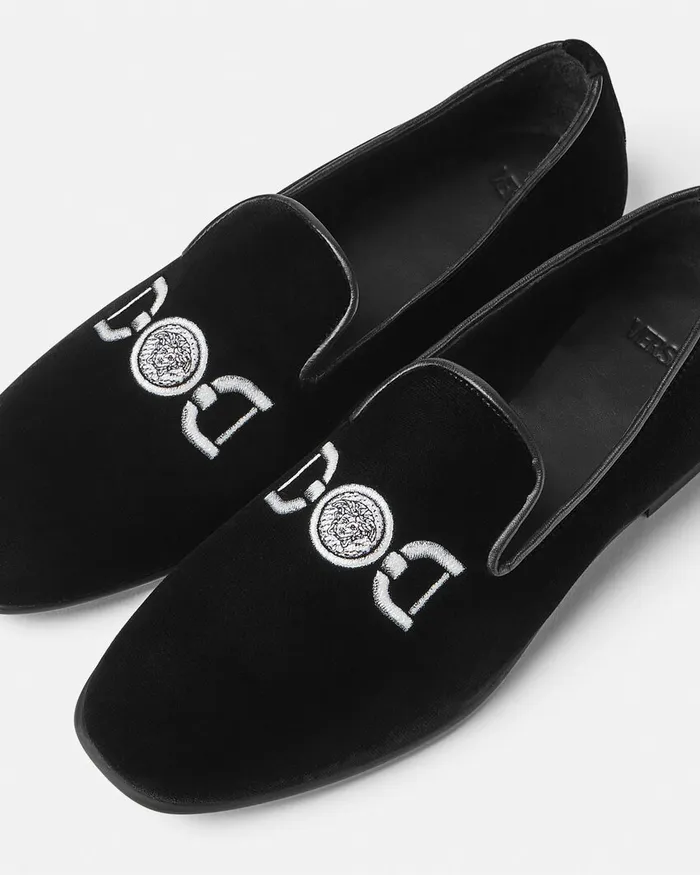 Versace Shoes Kids Embroidered Velvet Slippers Black