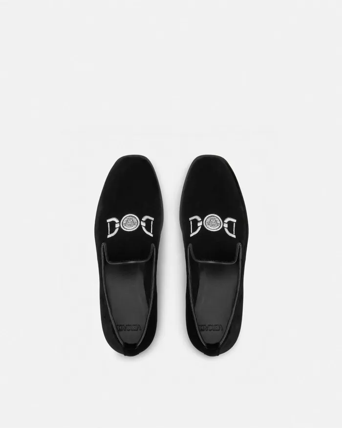 Versace Shoes Kids Embroidered Velvet Slippers Black