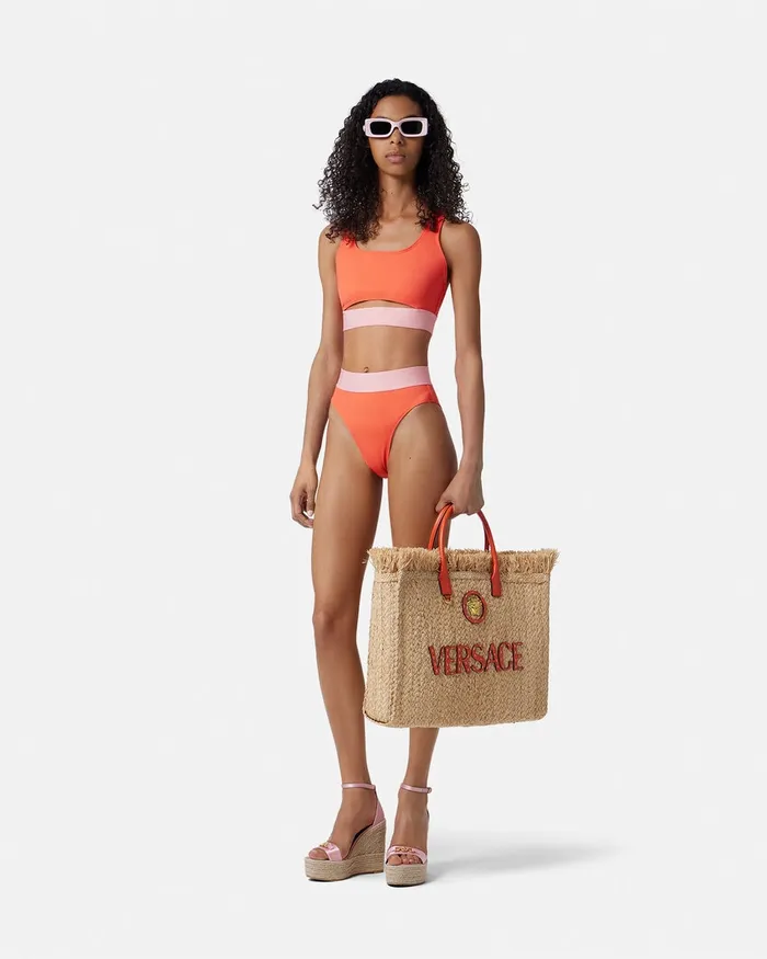 Versace Swimwear Women Greca Border High Waist Bikini Bottoms Coral