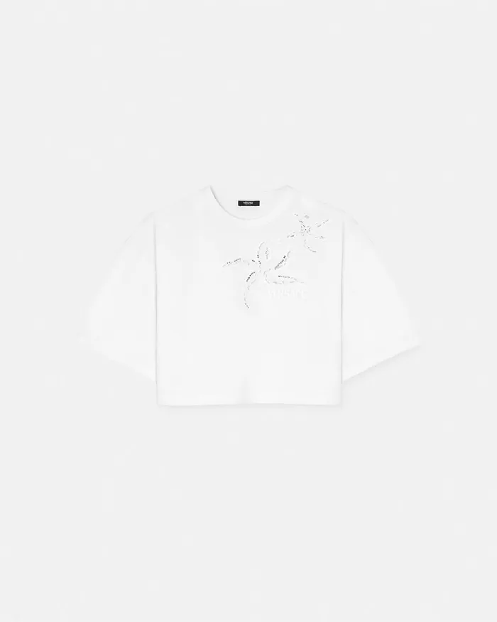 Versace TShirts and Sweatshirts Women Embroidered Crop Boxy TShirt White