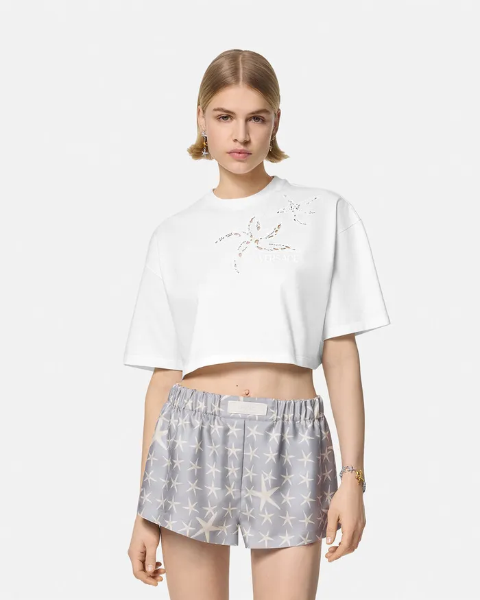 Versace TShirts and Sweatshirts Women Embroidered Crop Boxy TShirt White