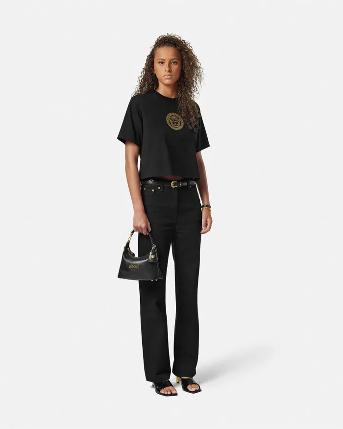 Versace Top Handle Women Tag Hobo Handbag Blackgold