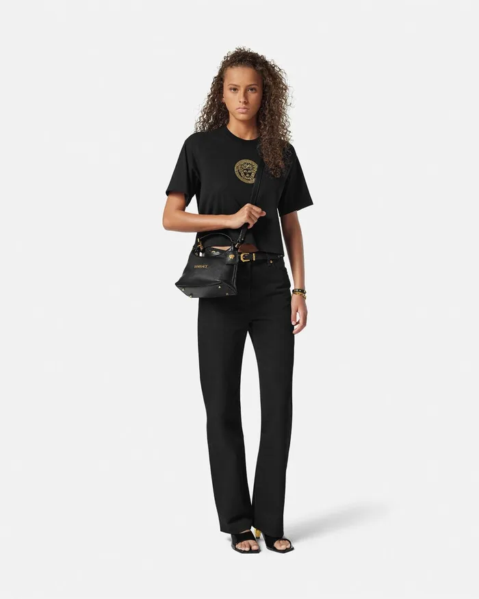Versace Top Handle Women Tag Hobo Handbag Blackgold