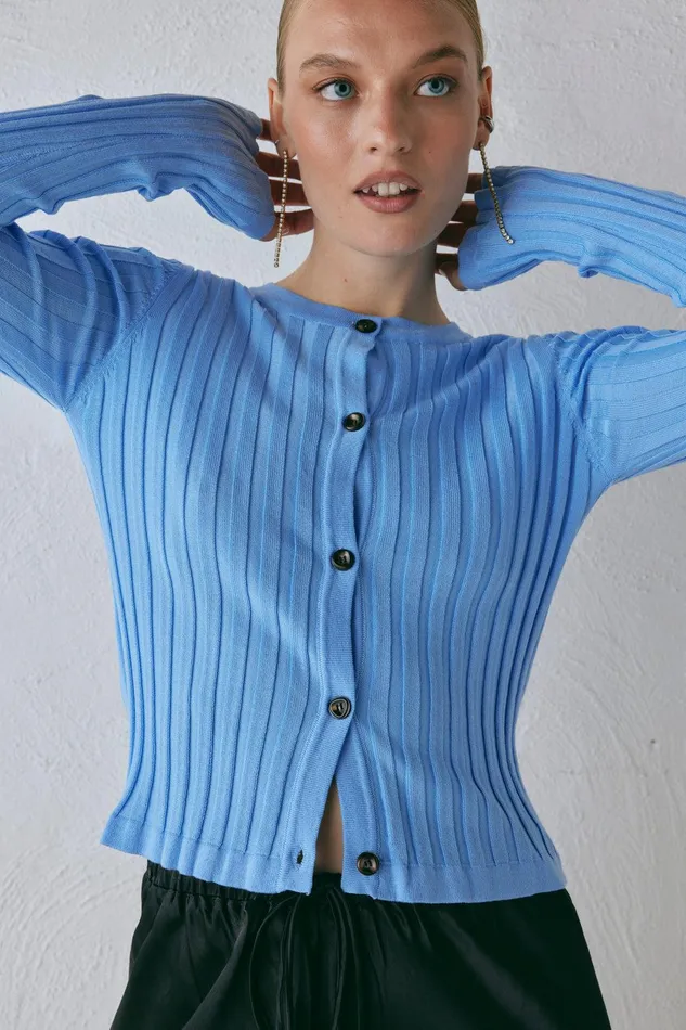 VRG GRL Hattie Knit Top Blue Women Long Sleeve