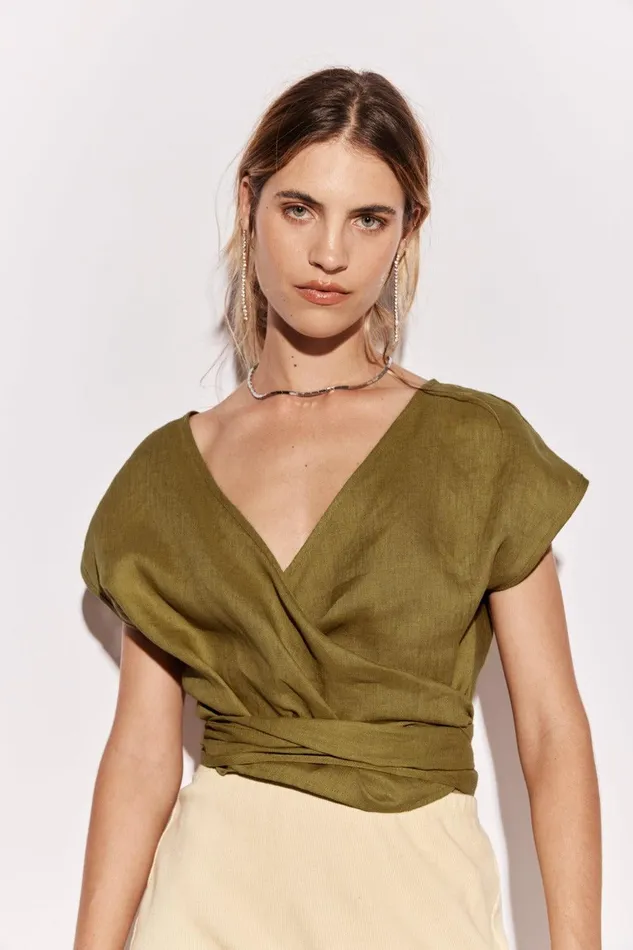 VRG GRL Sea Glass Linen Wrap Top Olive Women Sets