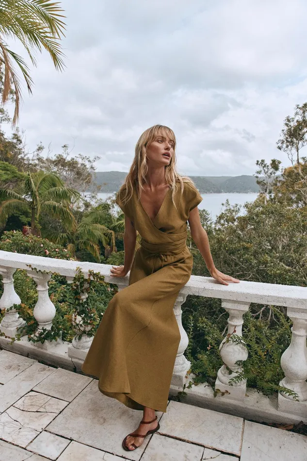 VRG GRL Sea Glass Linen Wrap Top Olive Women Sets VRG GRL Sea Glass Linen Wrap Top Olive Women Sets