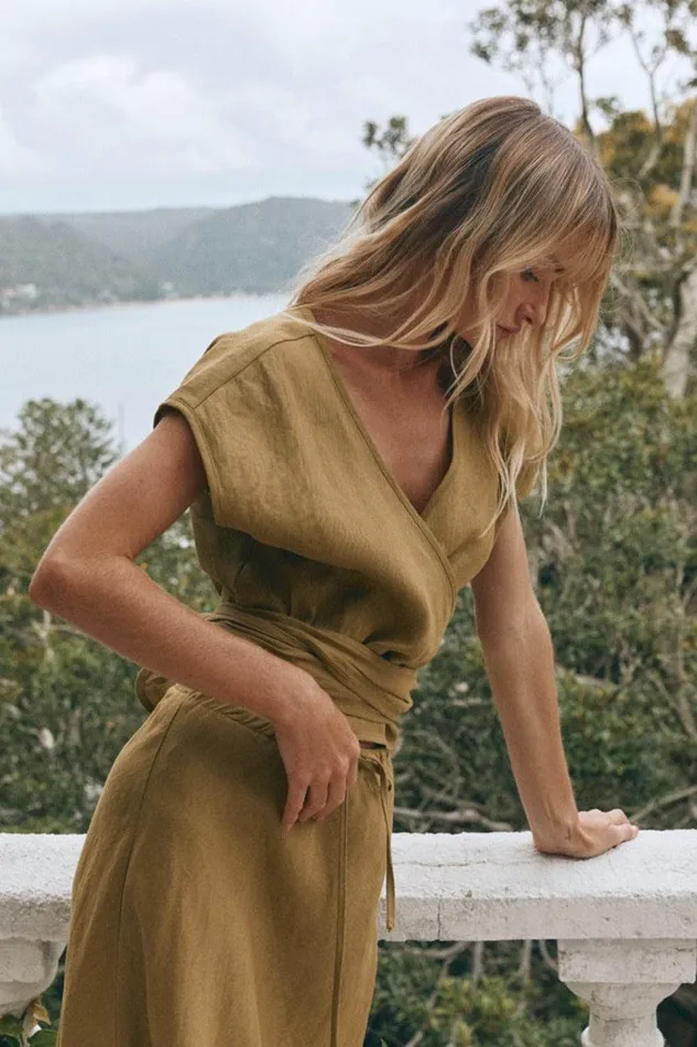 VRG GRL Sea Glass Linen Wrap Top Olive Women Sets VRG GRL Sea Glass Linen Wrap Top Olive Women Sets