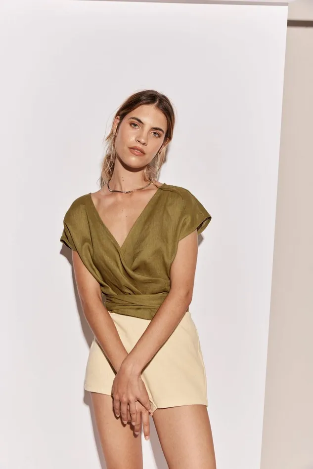 VRG GRL Sea Glass Linen Wrap Top Olive Women Sets VRG GRL Sea Glass Linen Wrap Top Olive Women Sets