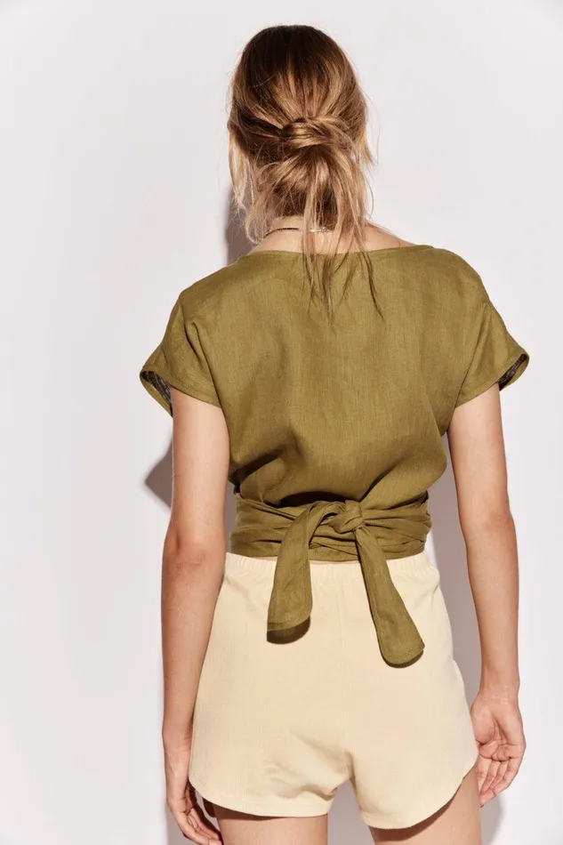 VRG GRL Sea Glass Linen Wrap Top Olive Women Sets VRG GRL Sea Glass Linen Wrap Top Olive Women Sets
