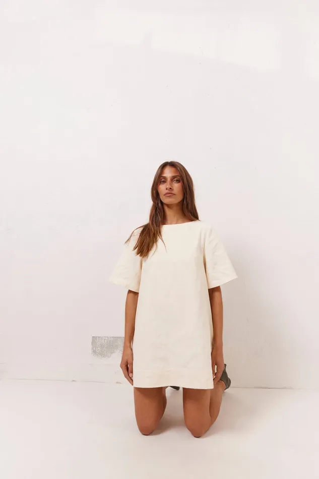VRG GRL Suki Denim Mini Dress Cream Women Mini Dresses VRG GRL Suki Denim Mini Dress Cream Women Mini Dresses