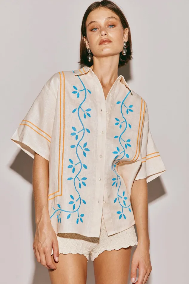 VRG GRL Sunsets In Capri Linen Shirt Natural Women Short Sleeve