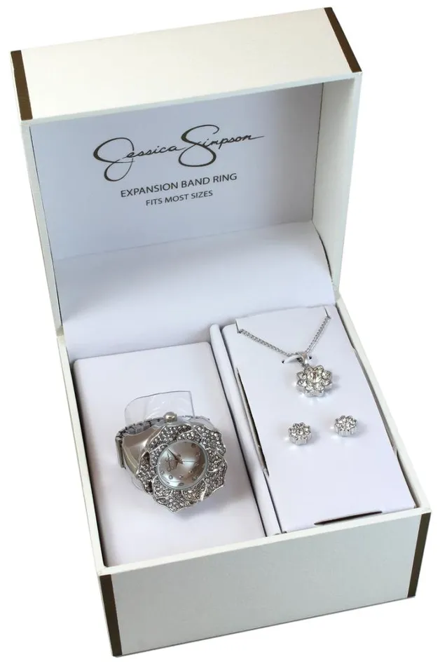 Watches Accessories Jessica Simpson Crystal Flower Ring Watch Pendant and Earring Set In Silver Tone