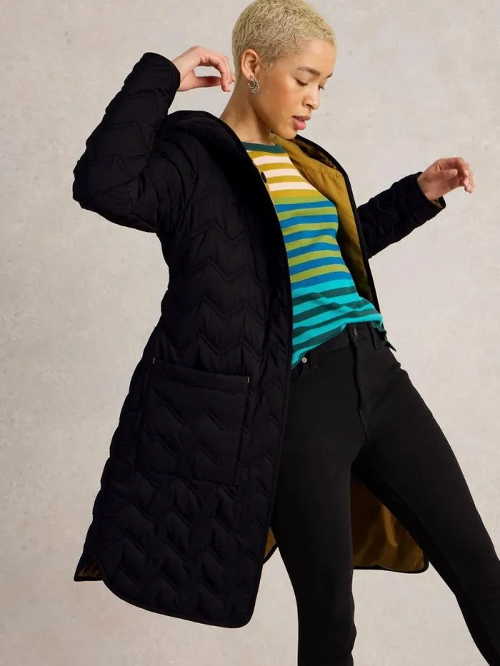 Women Arlet Quilted Coat Pure Black White Stuff Coats and Jackets