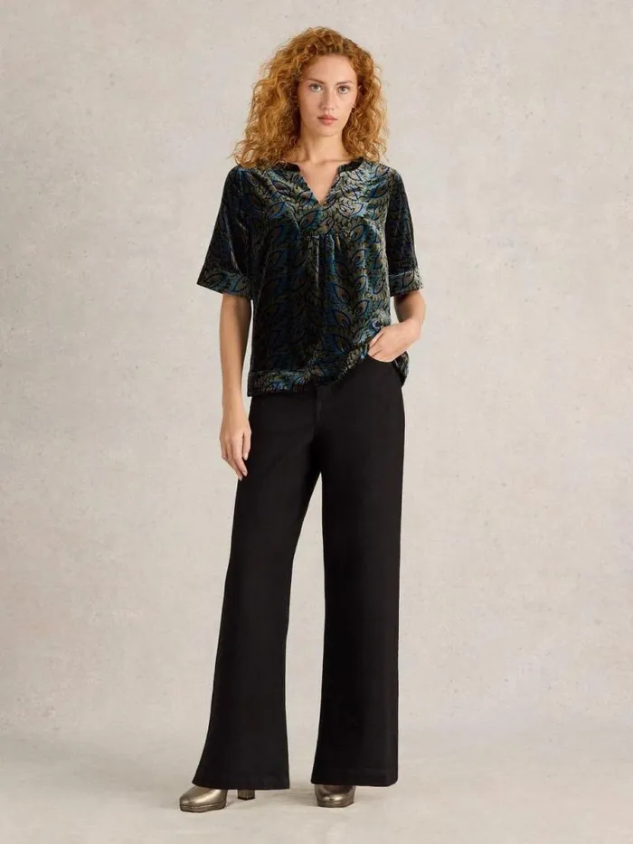 Women Ash Printed Velvet Top Teal Print White Stuff Shirts and Blouses