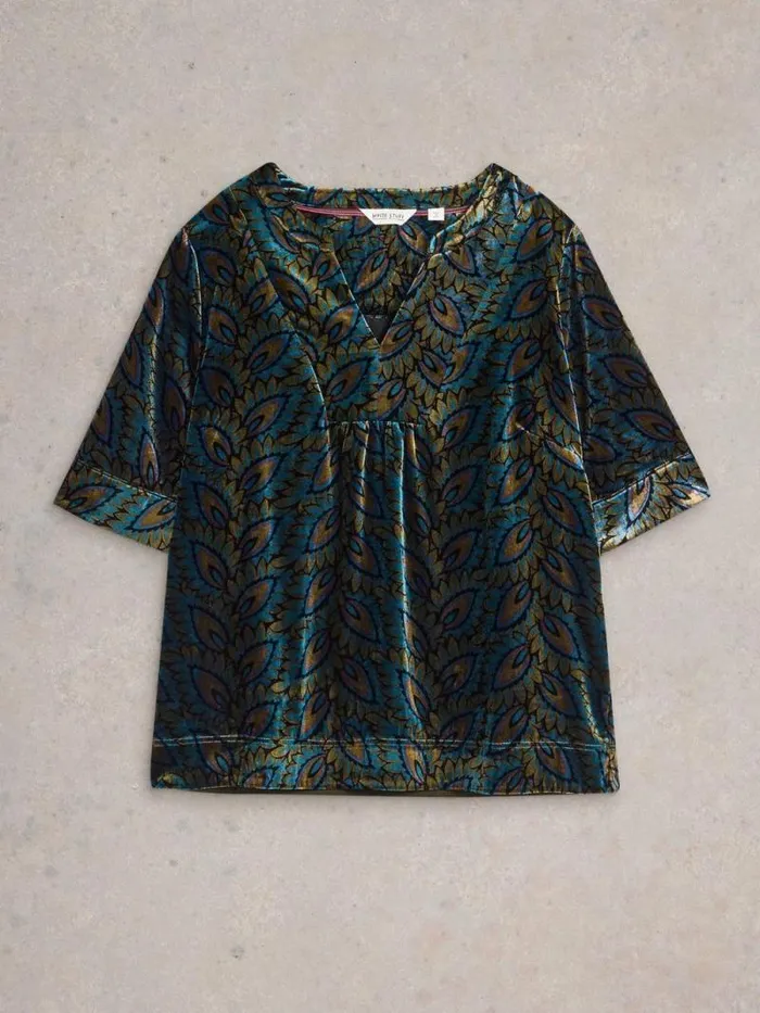 Women Ash Printed Velvet Top Teal Print White Stuff Shirts and Blouses Women Ash Printed Velvet Top Teal Print White Stuff Shirts and Blouses