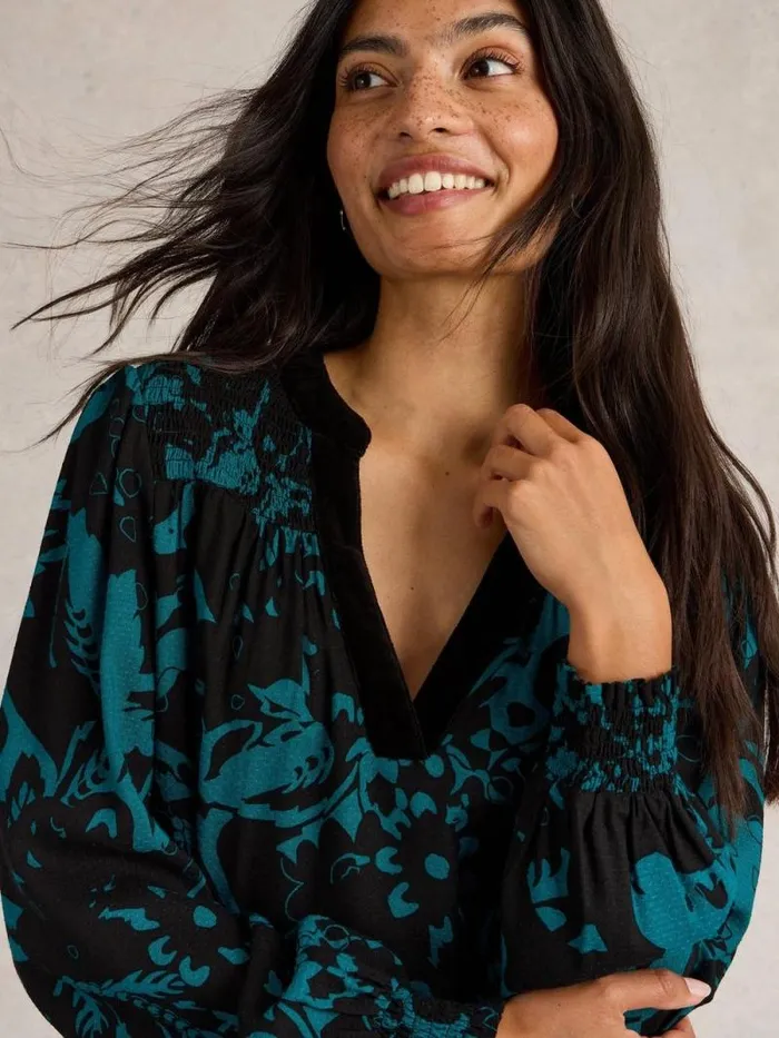 Women Bay Print Longline Top Teal Multi White Stuff Shirts and Blouses
