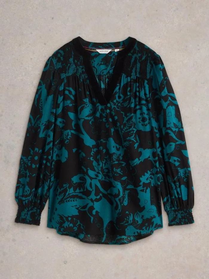 Women Bay Print Longline Top Teal Multi White Stuff Shirts and Blouses