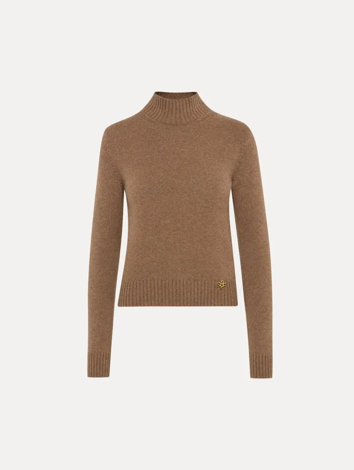 Women Blouses and Knits Oscar De La Renta O Flower Mock Neck Cashmere Pullover Brown