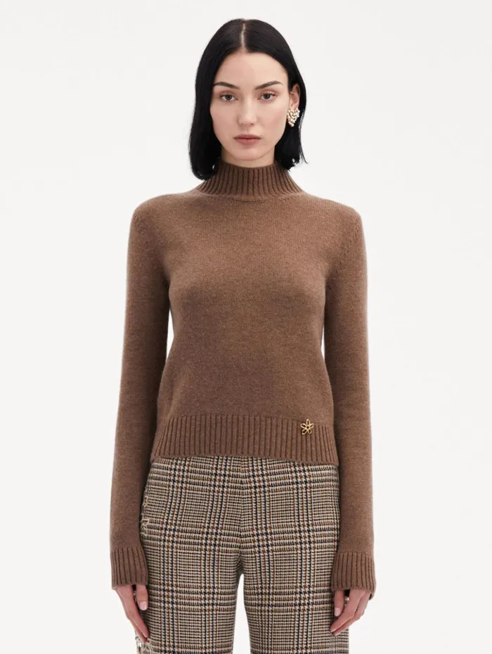 Women Blouses and Knits Oscar De La Renta O Flower Mock Neck Cashmere Pullover Brown