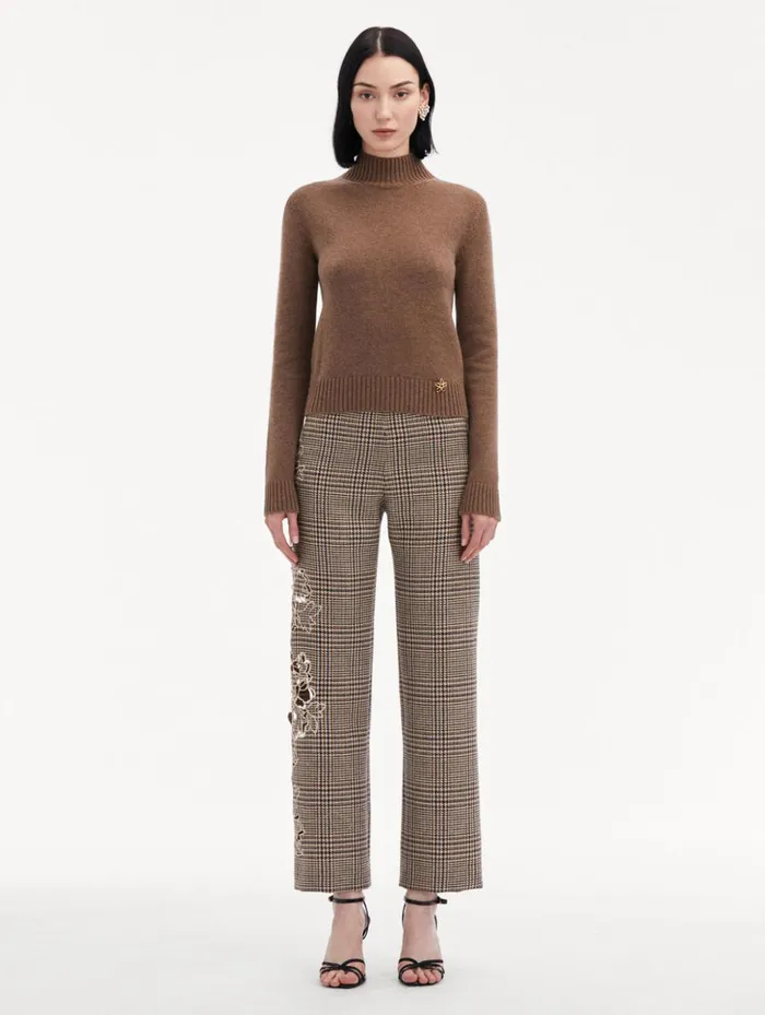 Women Blouses and Knits Oscar De La Renta O Flower Mock Neck Cashmere Pullover Brown