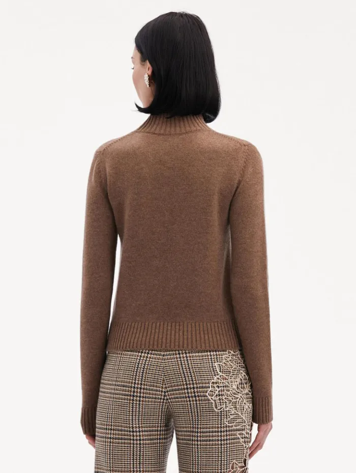 Women Blouses and Knits Oscar De La Renta O Flower Mock Neck Cashmere Pullover Brown