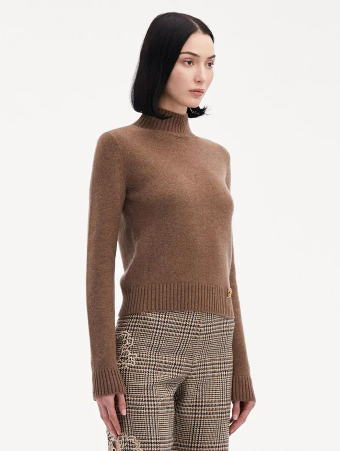 Women Blouses and Knits Oscar De La Renta O Flower Mock Neck Cashmere Pullover Brown