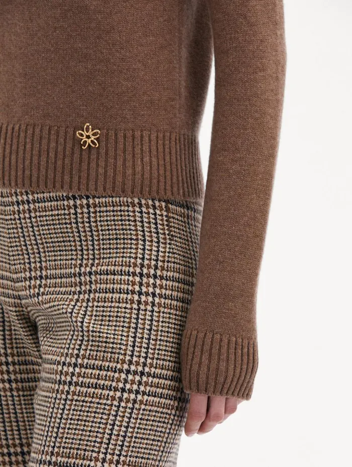 Women Blouses and Knits Oscar De La Renta O Flower Mock Neck Cashmere Pullover Brown