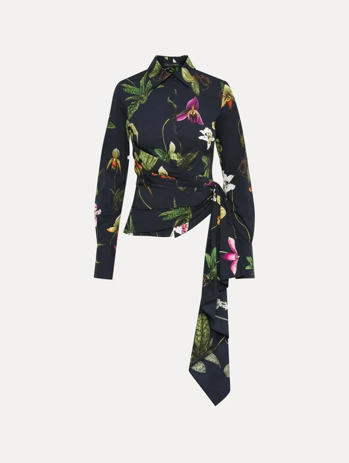 Women Blouses and Knits Oscar De La Renta Orchid Cotton Poplin Blouse Navy Multi