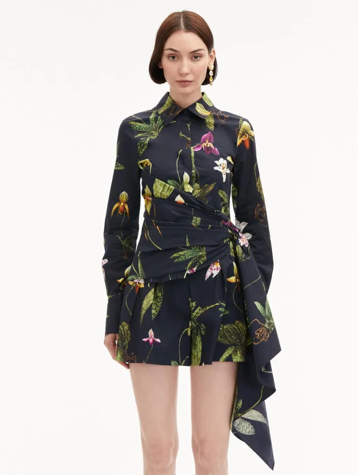Women Blouses and Knits Oscar De La Renta Orchid Cotton Poplin Blouse Navy Multi
