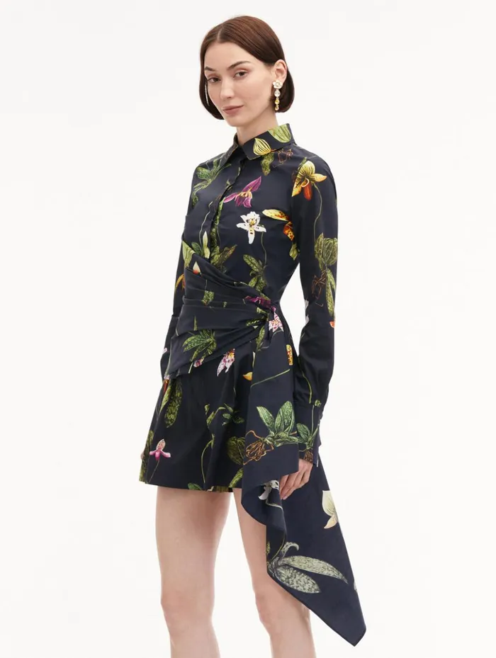 Women Blouses and Knits Oscar De La Renta Orchid Cotton Poplin Blouse Navy Multi