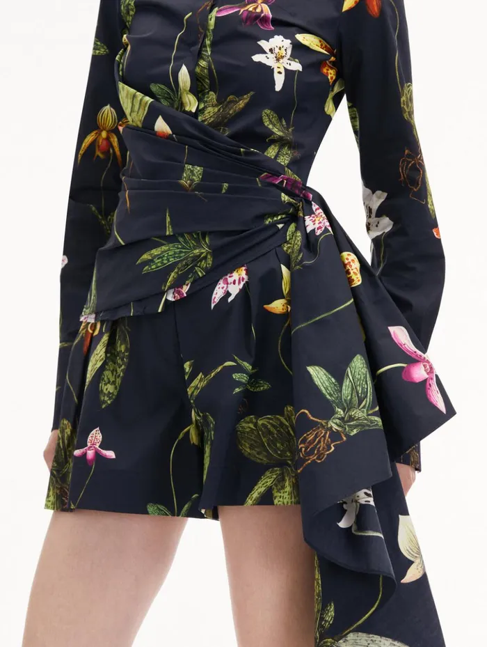 Women Blouses and Knits Oscar De La Renta Orchid Cotton Poplin Blouse Navy Multi