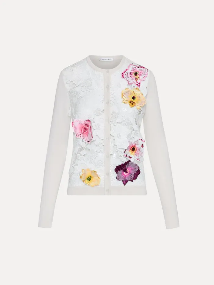 Women Blouses and Knits Oscar De La Renta Orchid Threadwork Inset Cardigan White Multi