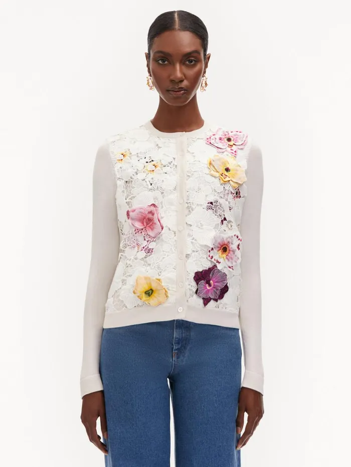 Women Blouses and Knits Oscar De La Renta Orchid Threadwork Inset Cardigan White Multi Women Blouses and Knits Oscar De La Renta Orchid Threadwork Inset Cardigan White Multi