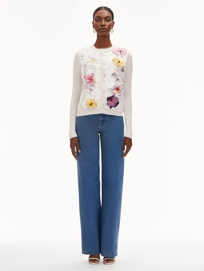 Women Blouses and Knits Oscar De La Renta Orchid Threadwork Inset Cardigan White Multi Women Blouses and Knits Oscar De La Renta Orchid Threadwork Inset Cardigan White Multi