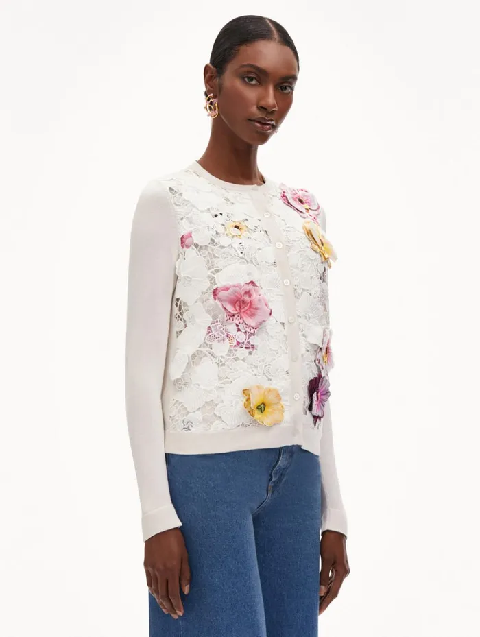 Women Blouses and Knits Oscar De La Renta Orchid Threadwork Inset Cardigan White Multi Women Blouses and Knits Oscar De La Renta Orchid Threadwork Inset Cardigan White Multi