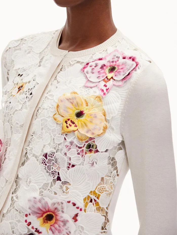 Women Blouses and Knits Oscar De La Renta Orchid Threadwork Inset Cardigan White Multi Women Blouses and Knits Oscar De La Renta Orchid Threadwork Inset Cardigan White Multi