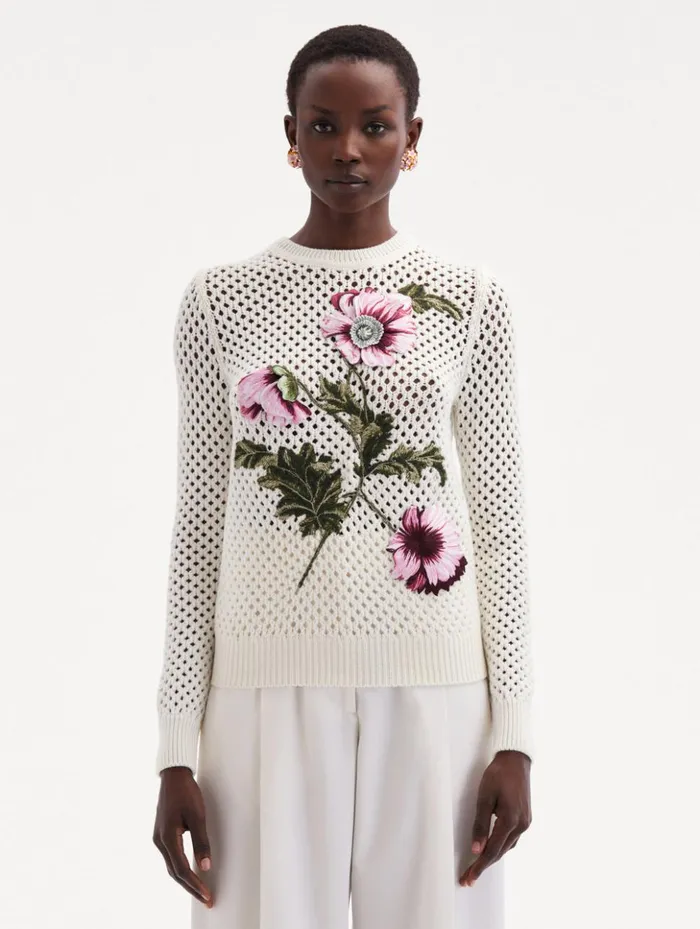 Women Blouses and Knits Oscar De La Renta Poppy Embroidered Crochet Pullover Ivory Women Blouses and Knits Oscar De La Renta Poppy Embroidered Crochet Pullover Ivory