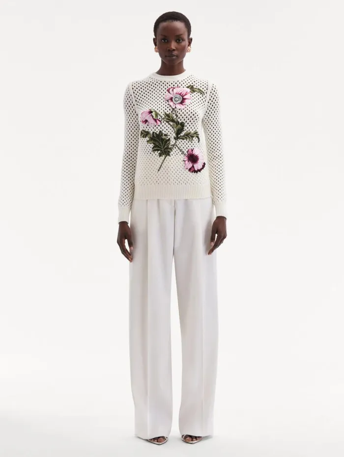 Women Blouses and Knits Oscar De La Renta Poppy Embroidered Crochet Pullover Ivory Women Blouses and Knits Oscar De La Renta Poppy Embroidered Crochet Pullover Ivory
