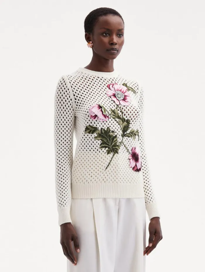 Women Blouses and Knits Oscar De La Renta Poppy Embroidered Crochet Pullover Ivory Women Blouses and Knits Oscar De La Renta Poppy Embroidered Crochet Pullover Ivory