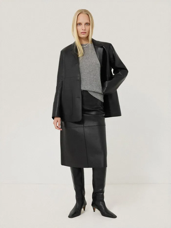 Women Bonded Leather Skirt Black Jigsaw Skirts