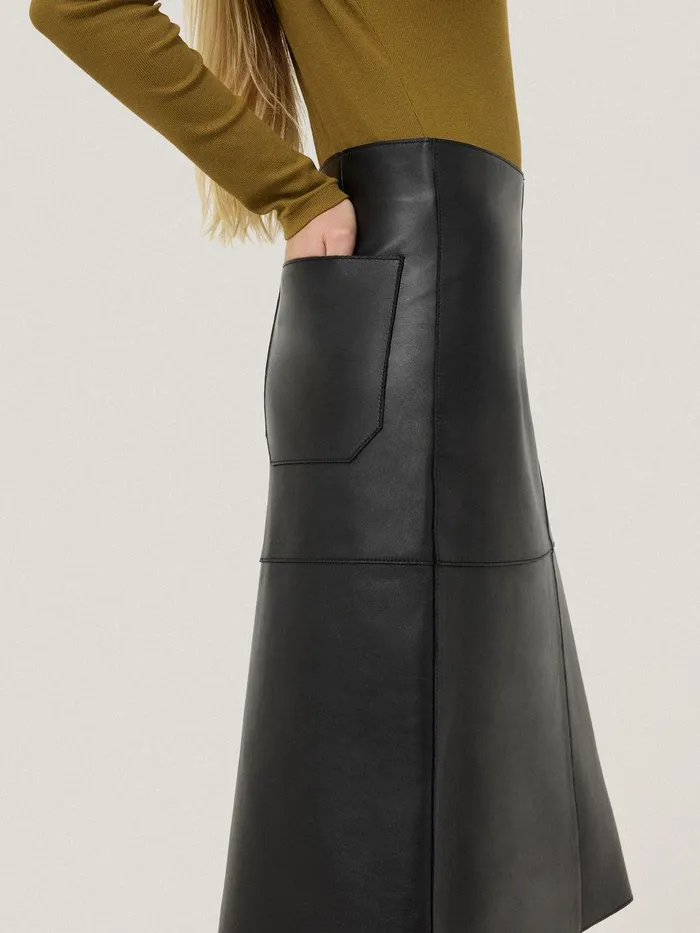 Women Bonded Leather Skirt Black Jigsaw Skirts