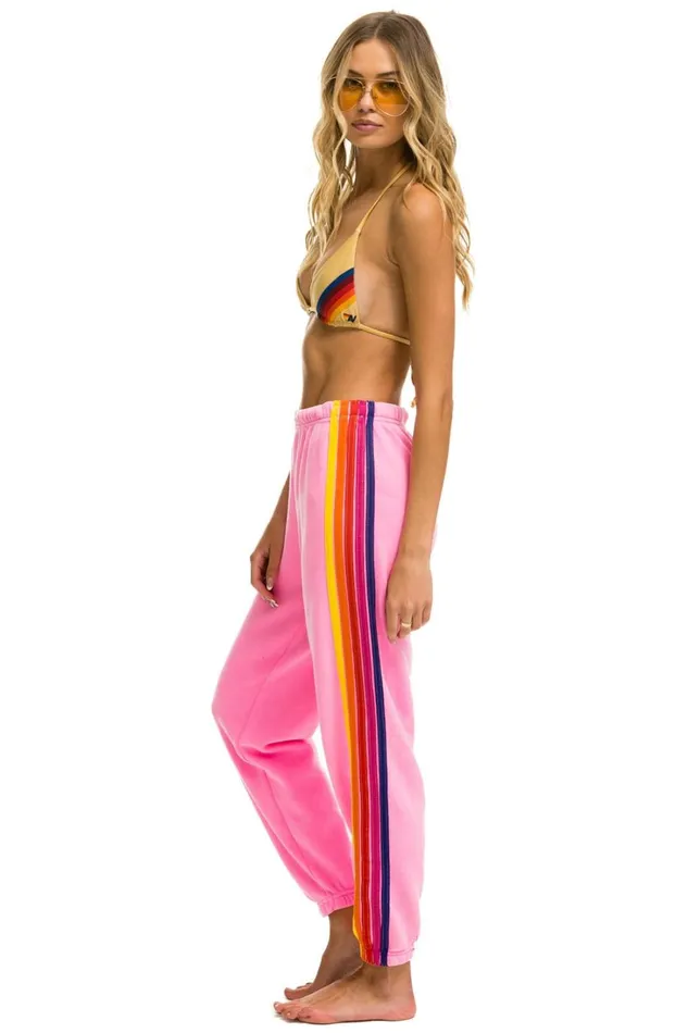 Women Bottoms Aviator Nation 5 STRIPE SWEATPANTS 8211 NEON PINK YELLOW PURPLE