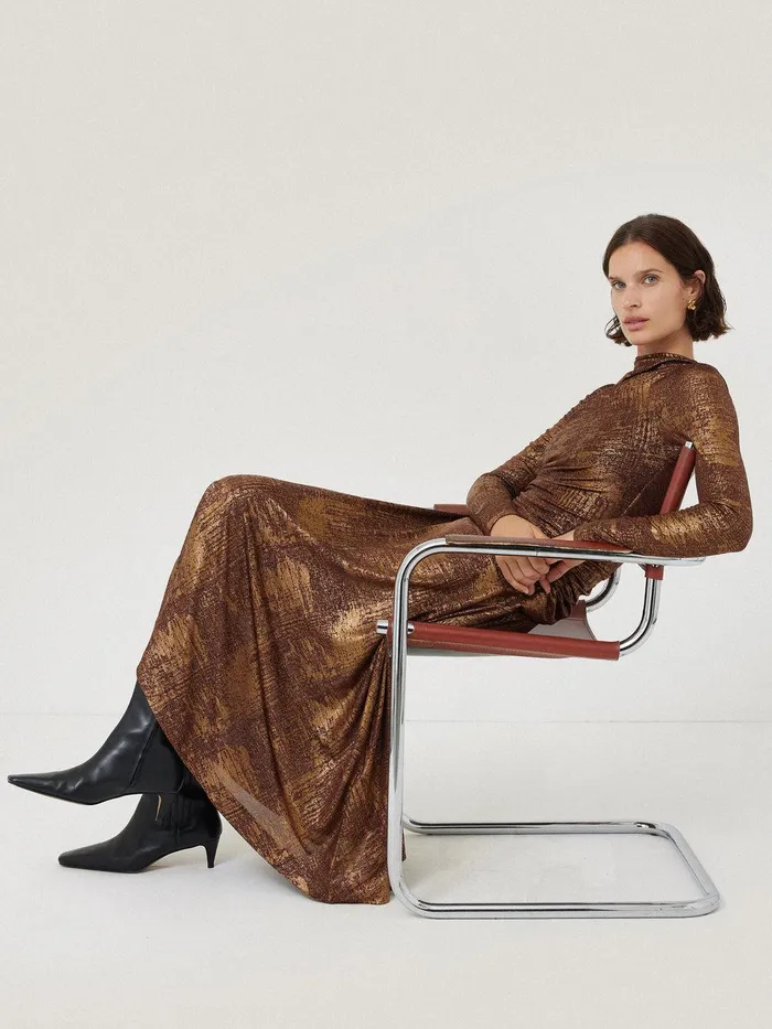Women Brushed Bronze Draped Dress Bronze Jigsaw Dresses and Jumpsuits