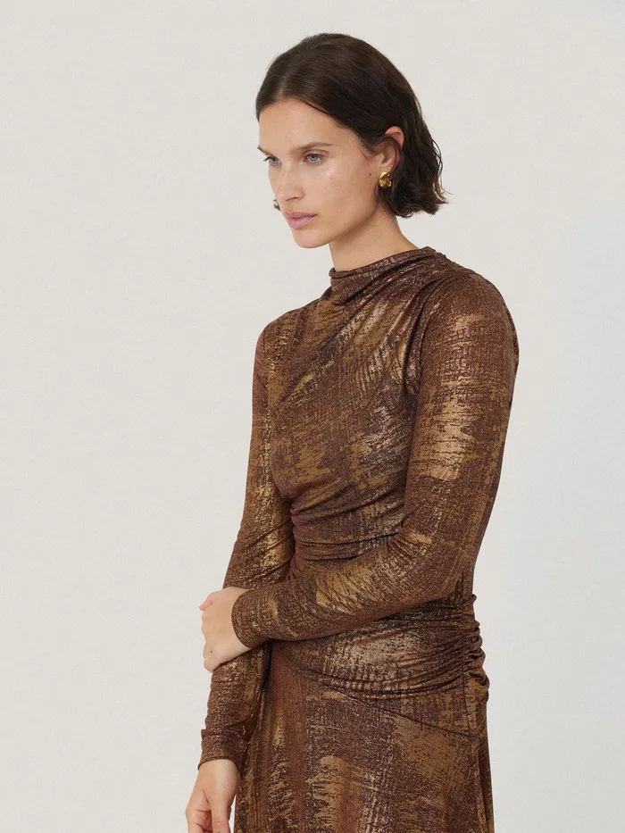Women Brushed Bronze Draped Dress Bronze Jigsaw Dresses and Jumpsuits