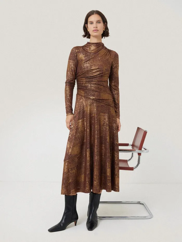 Women Brushed Bronze Draped Dress Bronze Jigsaw Dresses and Jumpsuits
